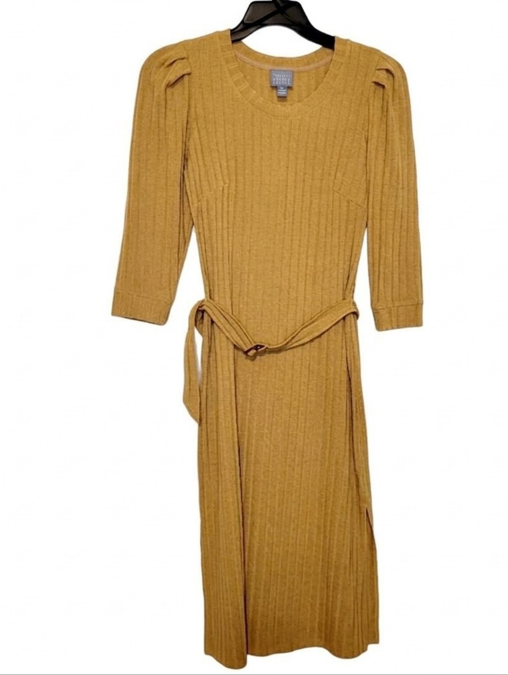 NWT Rabbit Rabbit Rabbit Gold Mustard Yellow Ribbed Knit Belted Midi Dress Sz 10